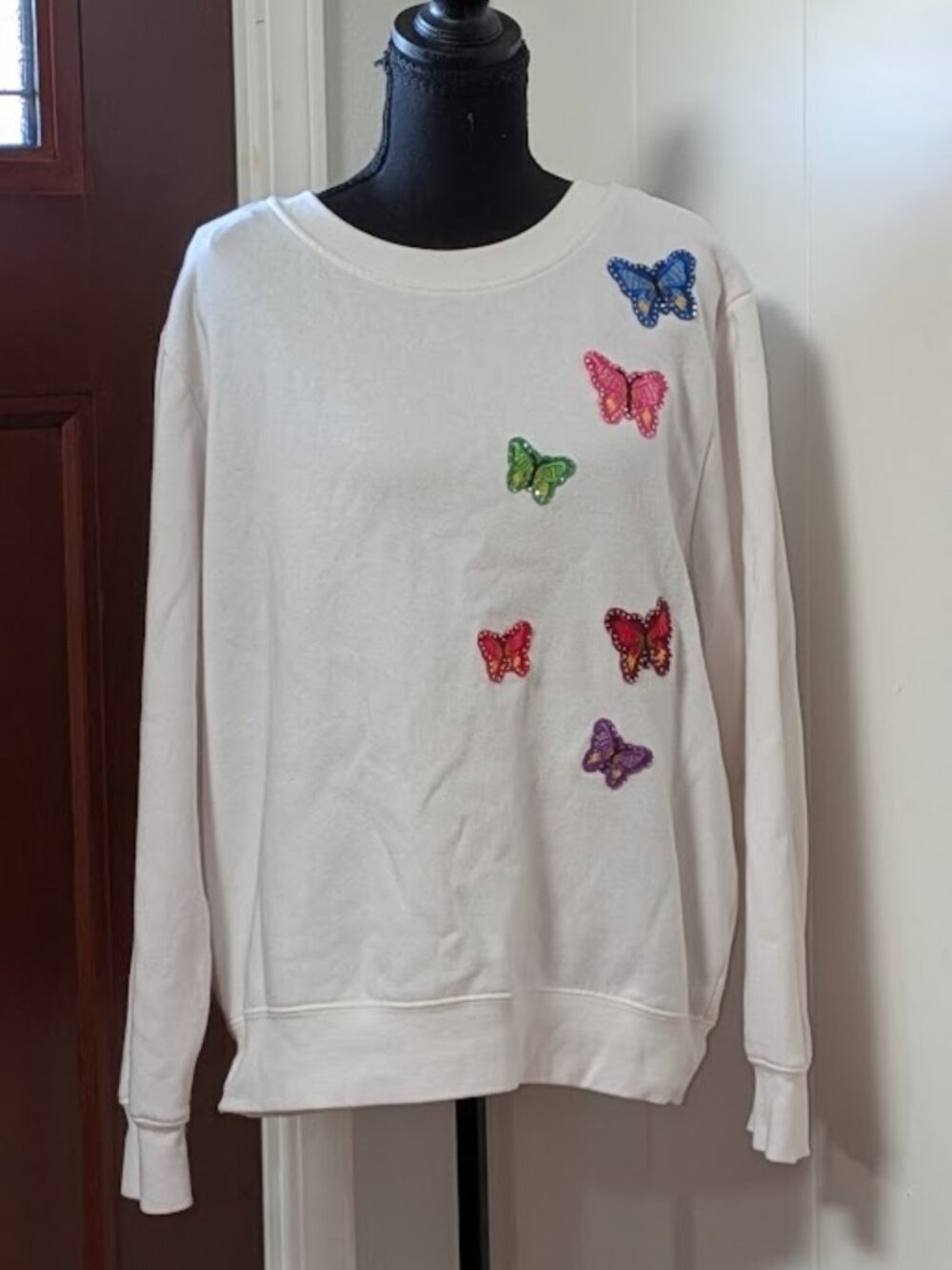 White Butterfly Embroidered Crewneck Sweater